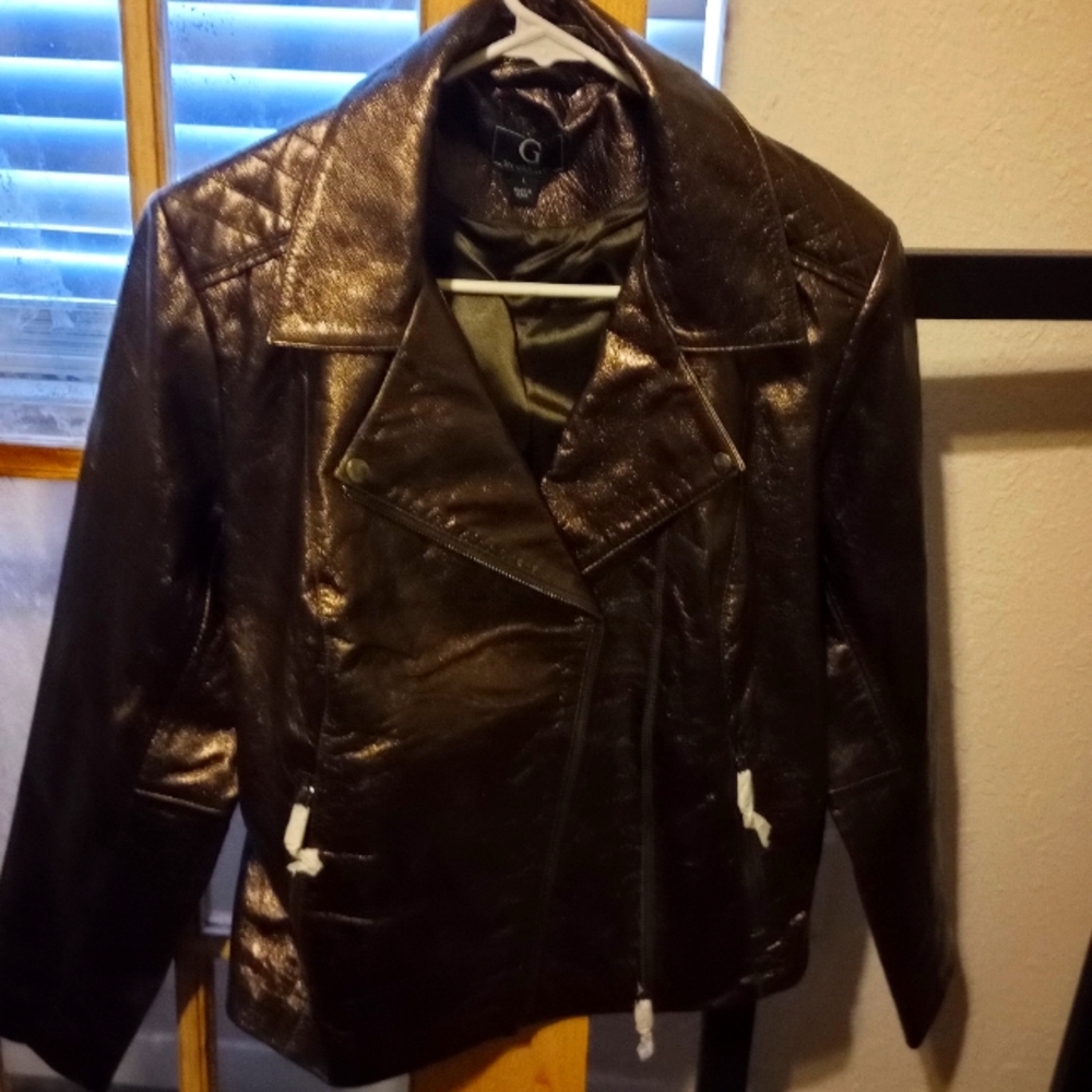 G by Giuliana brand Shiny Black Biker type PU Leather Jacket Vegan